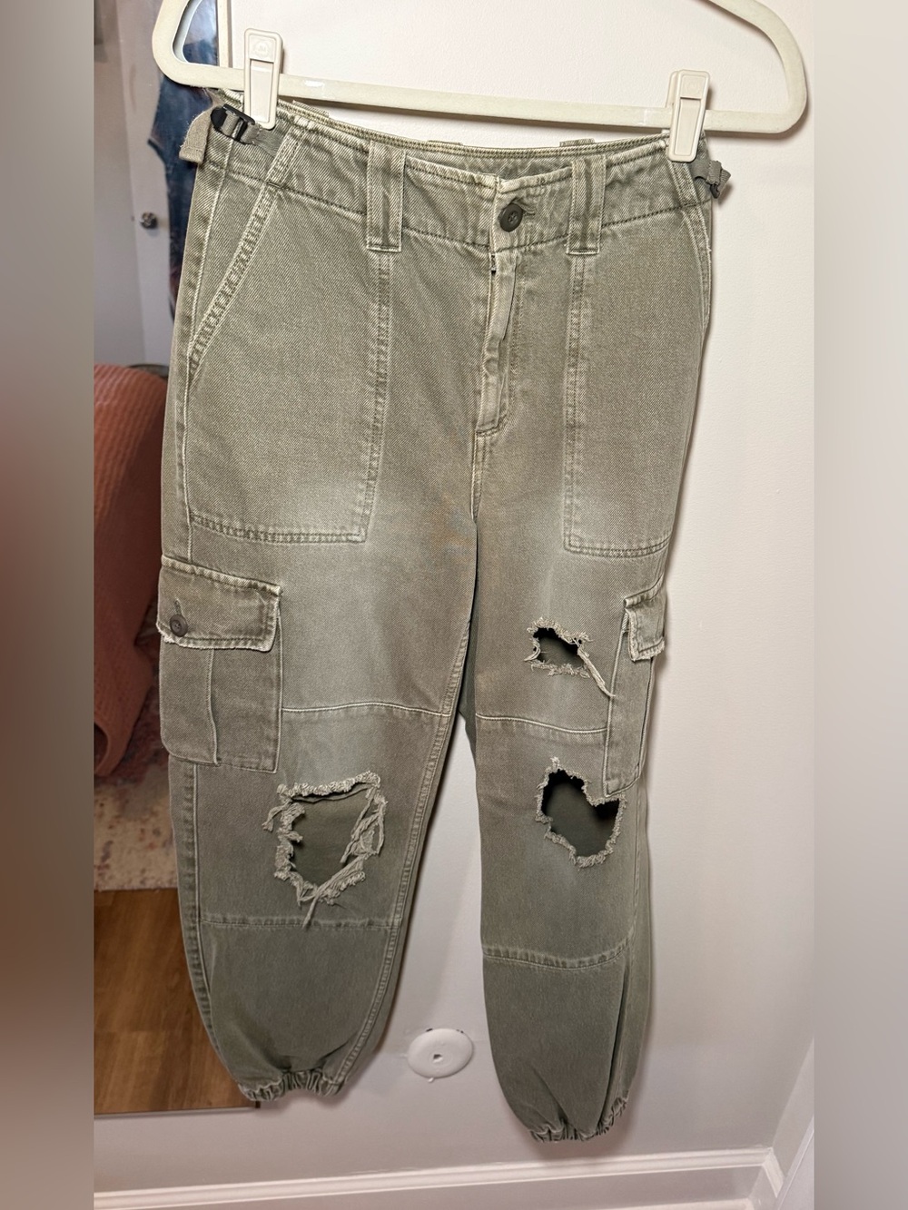 Topshop Olive Green Relaxed Cargo Jeans with Distressed Holes